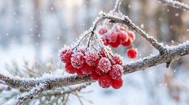 Red Rowan Berries Covered in Frost and Snow on a Winter Branch with Soft Bokeh Background