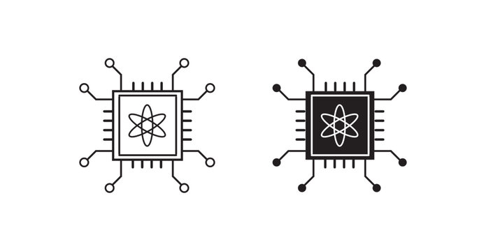 Quantum Computing Processor Chip Icons set in Outline and Filled Styles. Modern quantum technology vector illustration isolated on a white background.