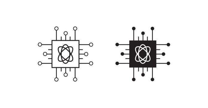Quantum Computing Processor Chip Icons set in Outline and Filled Styles. Modern quantum technology vector illustration isolated on a white background.