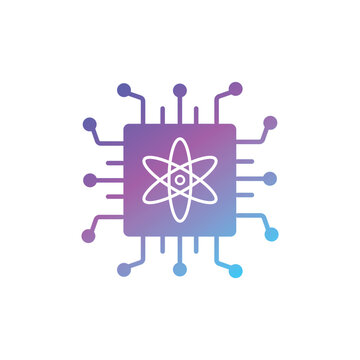  Quantum Computing Icon in gradient style . Minimal Modern line Quantum Processor Chip Icon circuit connections with Atom Symbol. vector illustration. eps10