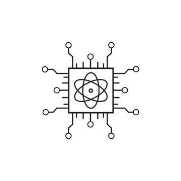 Quantum Computing Icon. Minimal quantum computing processor icon featuring an atom symbol and integrated circuit connections in clean outline style. vector illustration.