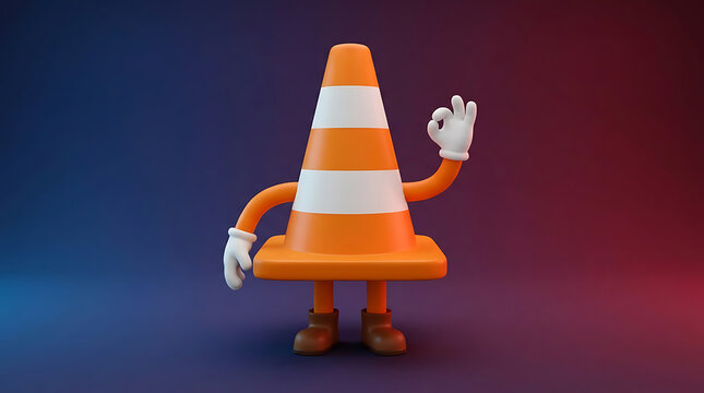 Orange Traffic Cone Character with Okay Hand Gesture Standing on a Blue and Red Gradient Background