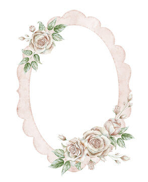 Watercolor floral oval frame with rose flowers in pastel pink colors. Illustration of delicate border for wedding invitations, feminine stationery and baby shower greeting cards. Cute Template.