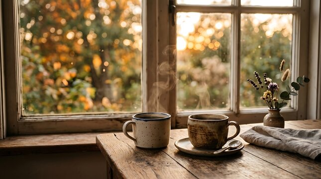 Cozy Autumn Morning with Steaming Coffee Mugs by a Window Overlooking Fall Foliage