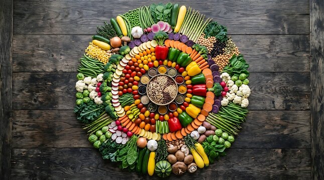 Overhead view of a vibrant vegetable mandala featuring peppers, greens, and roots on dark wood