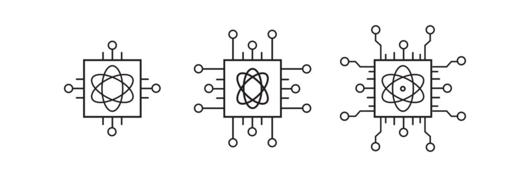 Quantum Computing Icon set. Minimal Modern line Quantum Processor Chip Icon with Atom Symbol. vector illustration. eps10 
