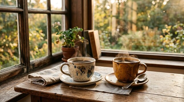 Two cups of hot coffee on a rustic wooden table by a window with a scenic forest view