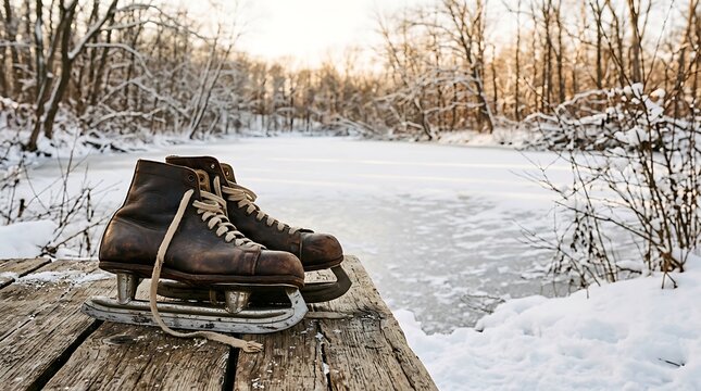 Nostalgic vintage ice skates on a weathered wooden plank by a tranquil frozen pond in a snowy winter forest during golden hour, a serene winter scene