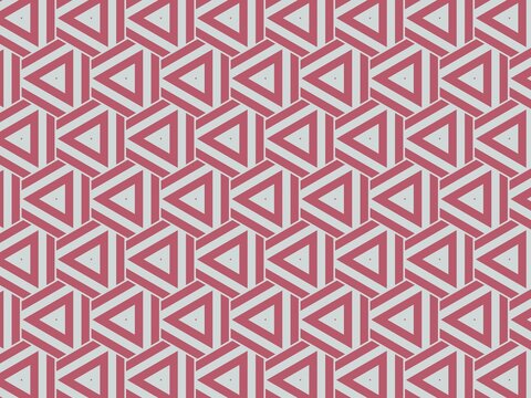 Geometric pattern repeats in bold pink and white tones. Triangles interlock with clean, crisp lines. Modern design appeals to digital and print media. Suitable for branding, packaging
