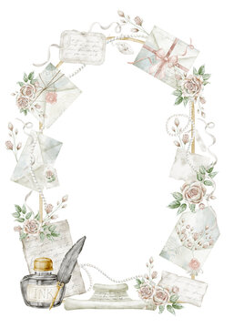 Watercolor vintage stationery frame. Illustration of romantic arrangement with envelopes, flowers and writing elements for wedding invitations and feminine branding. Template for greeting cards.