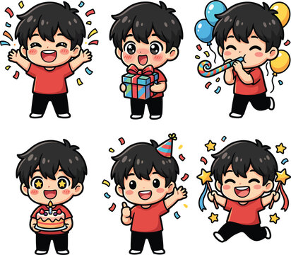 Cute cartoon boy celebrating a birthday party with cake, gifts, and balloons