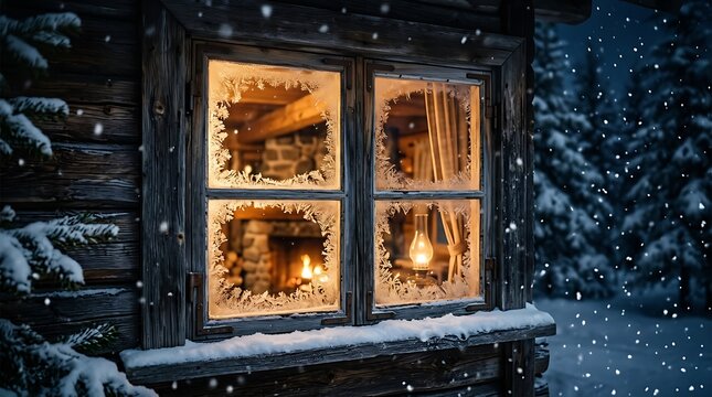Cozy winter cabin window with warm glowing fireplace inside during snowfall
