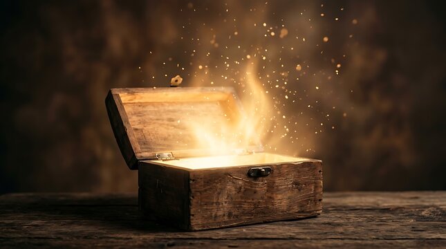 Mysterious old treasure chest, glowing with ethereal light and magical particles, signifies potential, discovery, and the unlocking of dreams