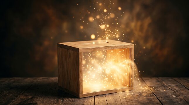 Wooden box with magical glowing lights and sparkling dust on a rustic wooden table