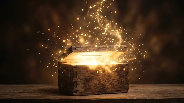 Glowing Magic Treasure Chest with Golden Particles and Fairy Dust on Wooden Table