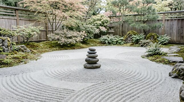 A Peaceful Zen Garden Featuring A Perfectly Stacked Stone Cairn On Raked White Sand With Lush Japanese Maples And Wooden Fencing In A Quiet Sanctuary