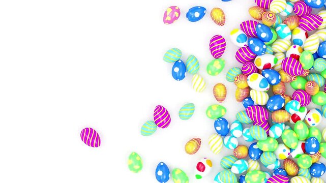 Colorful patterned Easter eggs tumble and scatter from the right across a clean white background with ample copy space in a festive spring themed 3D animation