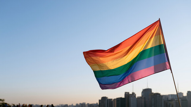 A waving pride rainbow flag against a clear blue sky during the vibrant Parade LGBT Sao Paulo community celebration and festival event