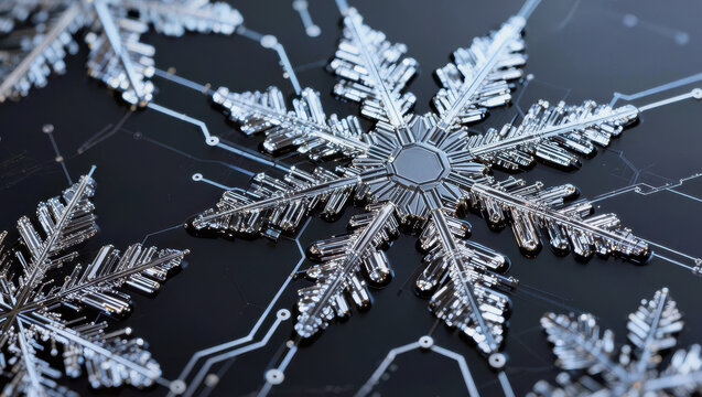 Metal snowflake circuit pattern dark background digital texture silver ornament winter design abstract technology geometric