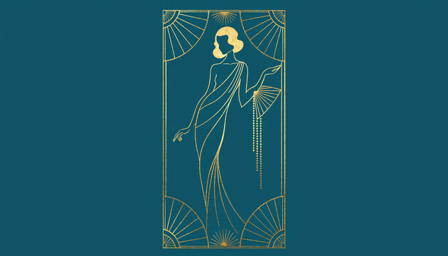 Art Deco Elegance: A stylized illustration of a sophisticated woman in flowing gown, adorned with gold lines and sunburst motifs, epitomizes the glamorous Art Deco era.