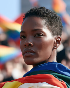 Portrait of a woman participating in the Parade LGBT Sao Paulo celebrating diversity and love during a vibrant outdoor street festival