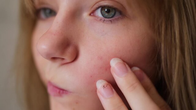 Teenage girl checking facial imperfections and squeezing pimple as part of daily skincare routine.Close-up show acne-prone skin,adolescent skin changes,self-care,dermatology and healthy skin awareness