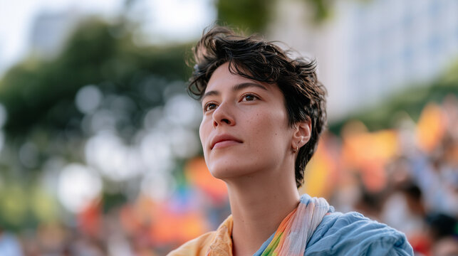 Young person with short hair participating in the vibrant Parade LGBT Sao Paulo celebration with pride and determination in a public crowd