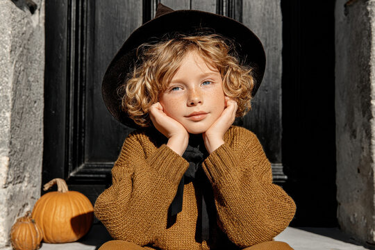 Portrait of thoughtful child with curly blonde hair wearing black hat and brown sweater sitting near pumpkins