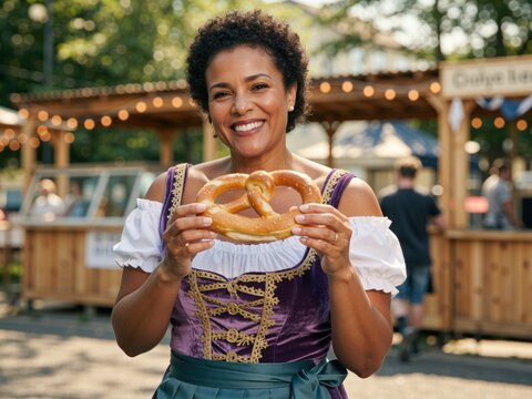 Woman smiling holding pretzel at oktoberfest festival