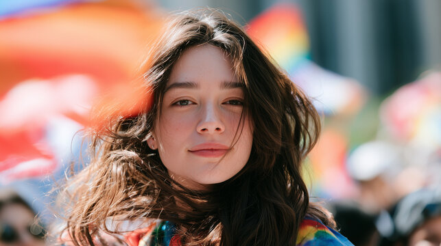 Portrait of a young woman smiling at the Pride Parade LGBT Sao Paulo celebration with colorful flags and diverse crowd background in sun