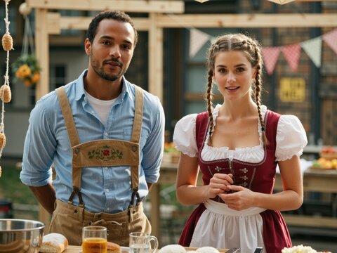 Smiling multicultural couple celebrating oktoberfest in traditional german attire
