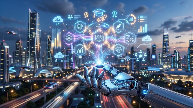 Artificial intelligence education and learning technology innovation with robotic hand holding holographic knowledge icons over futuristic smart city night background for digital school systems.