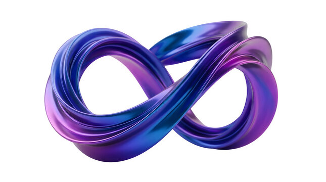 Metallic infinity loop with iridescent finish, futuristic mobius strip in blue and purple, abstract 3d render of endless twisted ribbon isolated on Transparent Background