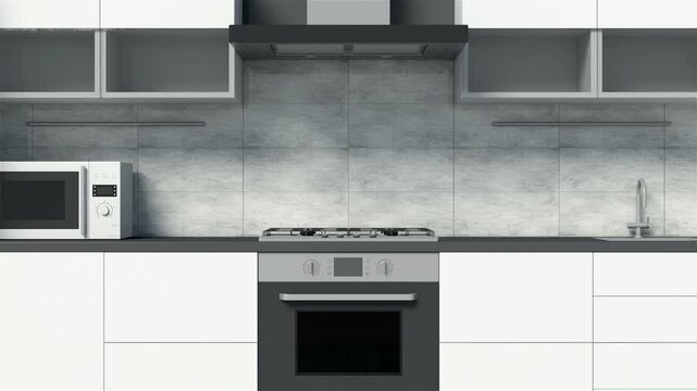 Slow zoom out revealing a clean modern kitchen interior with white cabinets, built-in oven, gas cooktop, microwave, refrigerator, sink, and gray tile backsplash in 3D render
