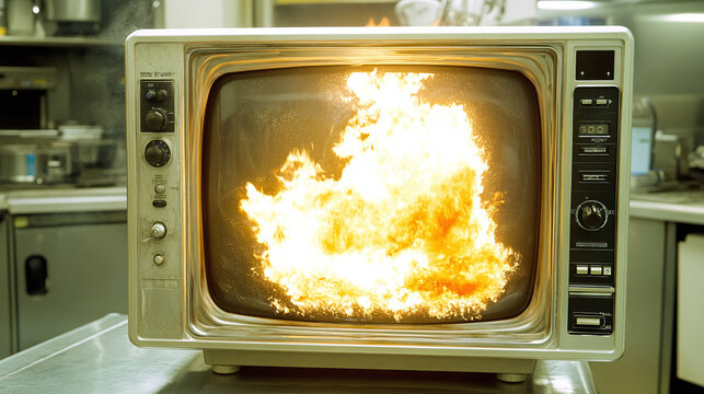 Vintage television screen displaying a fierce blazing fire in a cinematic kitchen setting for dramatic creative visual effects