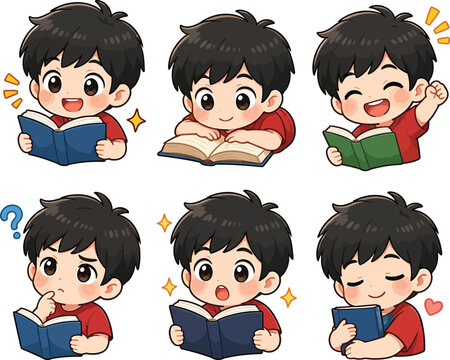 Little boy character reading books with various expressions and emotions set.