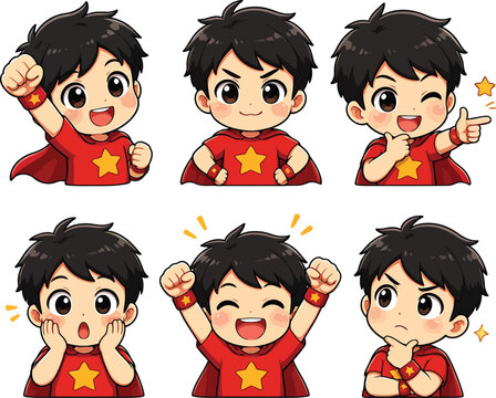 Little boy superhero character set with various expressions in anime style.