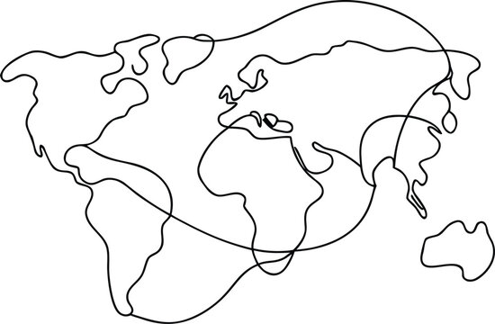 World map continuous line drawing style globe outline representing global geography travel and international connections.
