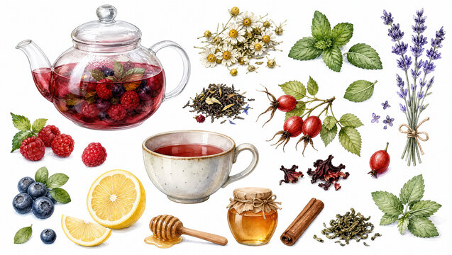 Watercolor herbal tea clipart set with teapot, cup, chamomile, mint, lavender, berries, lemon and honey. Illustration isolated on white for design