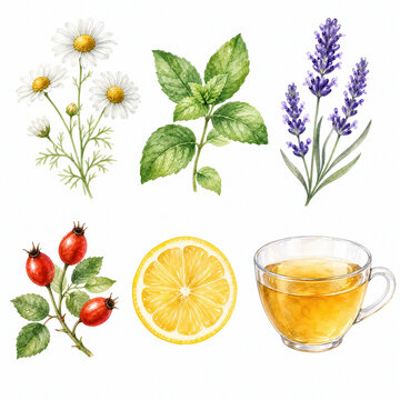 Watercolor tea ingredient clipart set with chamomile, mint, lavender, rosehip, lemon and glass cup. Illustration isolated on white for design
