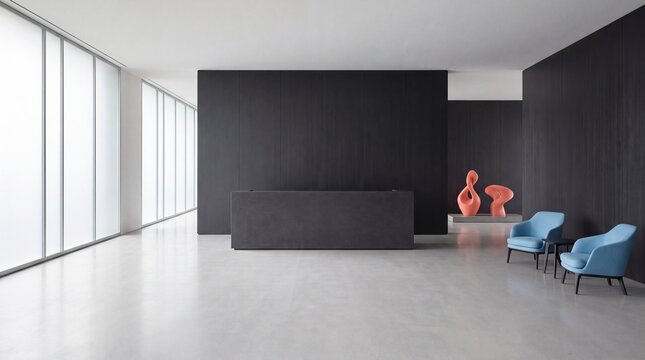 Modern luxury corporate office reception and waiting area interior design with dark reception desk, dark feature wall, blue armchairs, small side table, orange abstract sculptures, frosted window wall