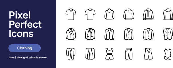Clothing Apparel Line Icon Set vector illustration featuring oversized T shirt hoodie wide leg jeans puffer jacket bra and jumpsuit outline symbols for fashion app and web design © Rashed