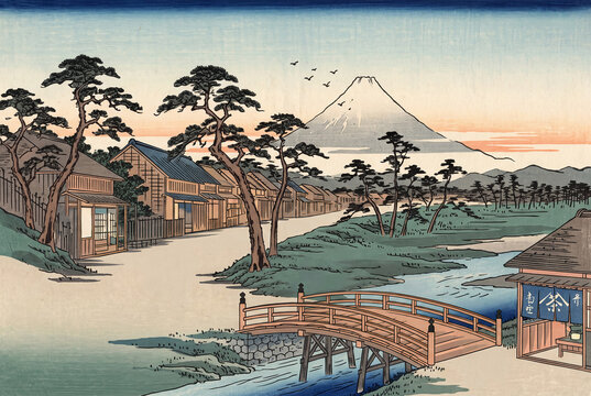富士山を望む宿場町と太鼓橋を描いた浮世絵風イラスト/Ukiyo-e Style Illustration Depicting a Drum Bridge in a Post Town Overlooking Mount Fuji
