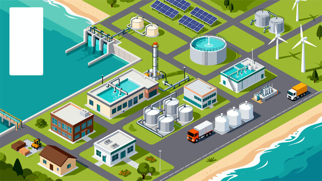 Isometric Vector Map of a Municipal Water Treatment Facility with Purification Tanks and Green Energy Wind Turbines and Solar Panels for Urban Utility Planning
