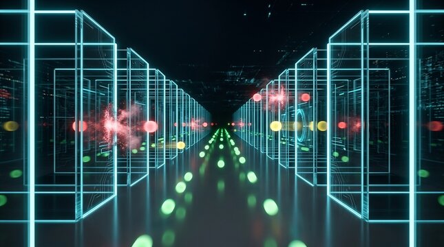 Futuristic digital firewall visualization with glowing data streams and cybersecurity network