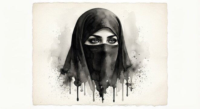 Watercolor portrait of person wearing black niqab