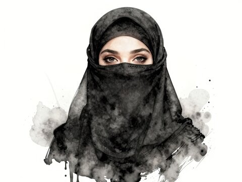 Watercolor portrait of woman in black niqab with smoky splatters
