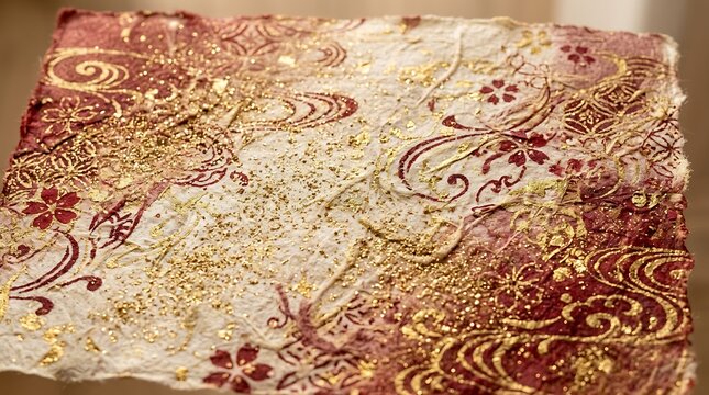 Close-Up of Japanese Washi Paper with Red and Gold Floral Patterns and Glitter Accents