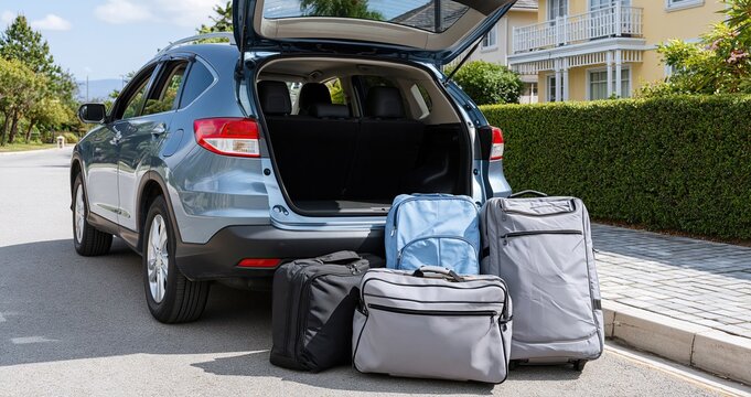 A variety of travel bags neatly positioned near an open car trunk on a peaceful suburban road, evoking a sense of adventure and relaxation.