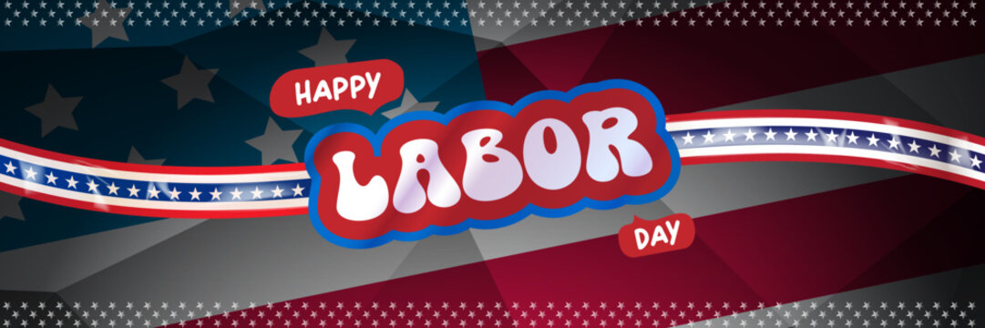 Happy Labor Day USA web banner vector illustration. White typography Labor Day text with stars on American flag low poly background for national patriotic holiday sale header and social media ad.